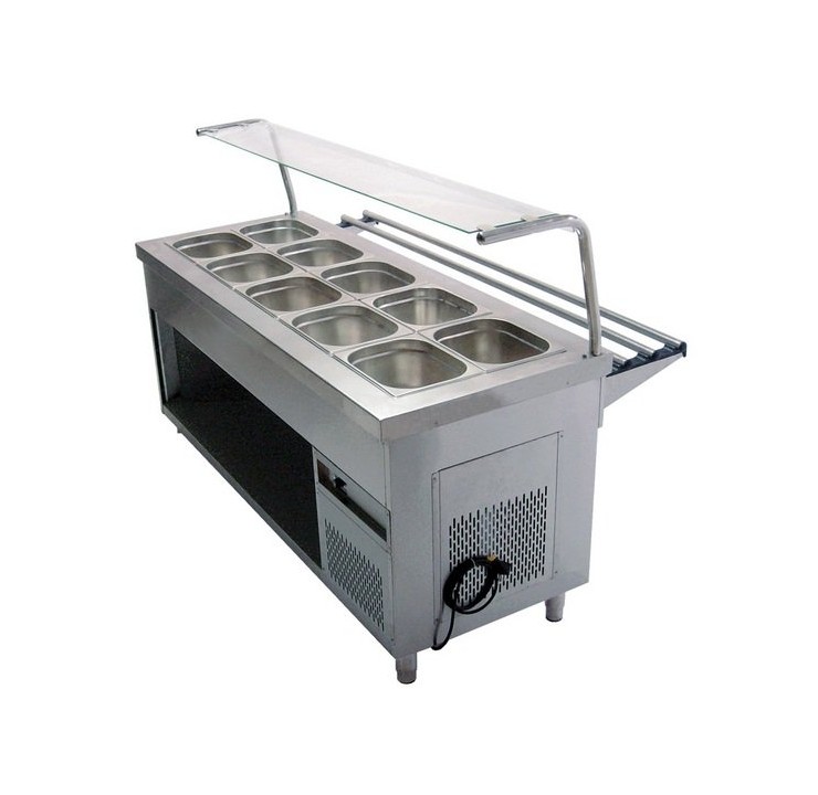 Bain marie froid GN5/1 avec console 1 niveau en verre et rampe à plateaux - Self Service Bain marie froid GN5/1 avec console 1 niveau en verre et rampe à plateaux - Self Service
